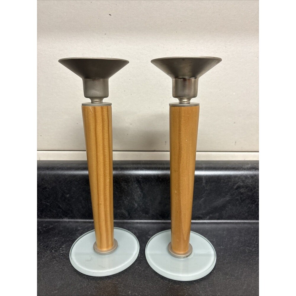 2 MCM Mid Century Modern Danish Teak-Wood-Frosted Glass Candlesticks Taiwan